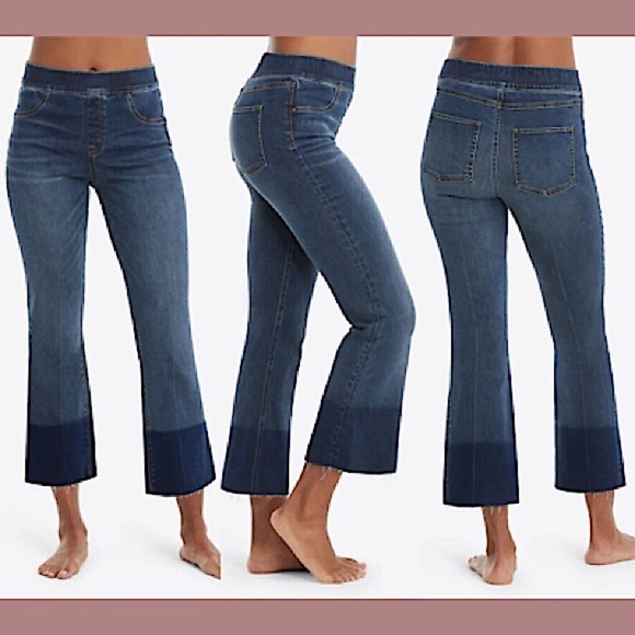 SPANX Cropped Flare Fray Hem Ankle Jeans Slimming Pants Medium Wash Size Small - Picture 3 of 7